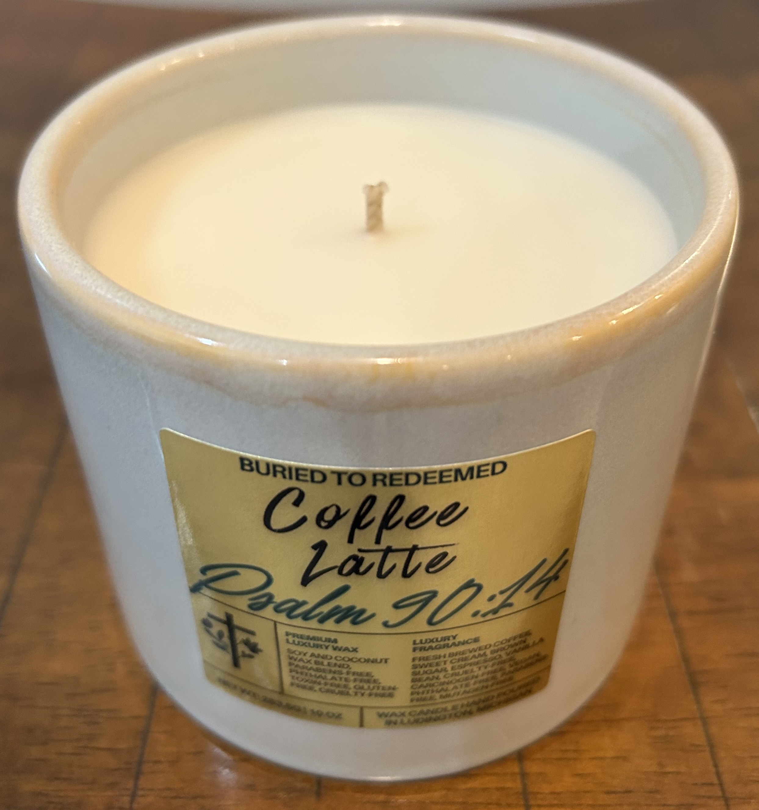 Catholic Bible Verse Coffee Latte Candle - Psalm 90:14 - 10 oz - Creamy White - Premium USA Ingredients