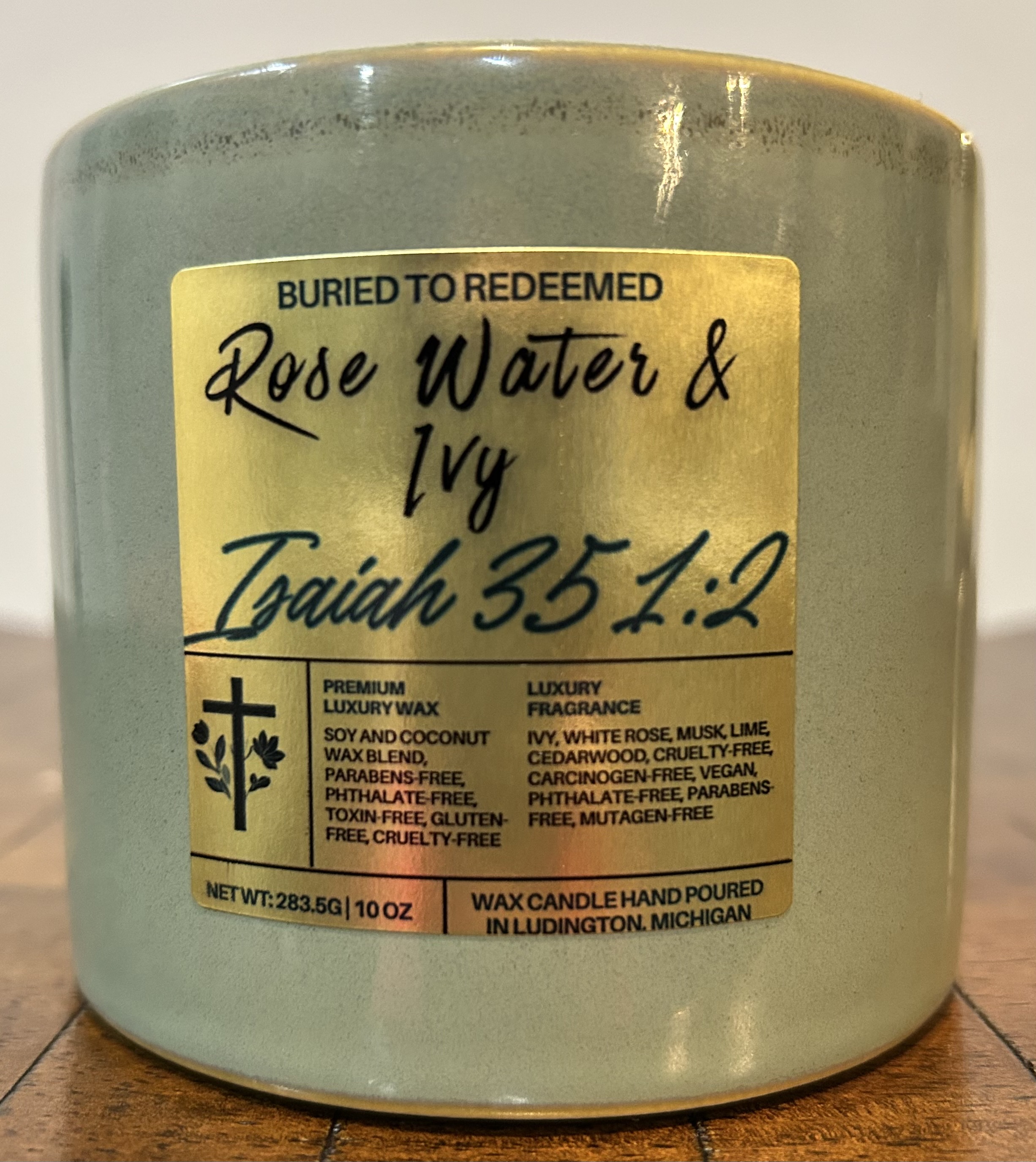 Catholic Bible Verse Candle Rose Water & Ivy - Isaiah 35:1-2 - 10 oz - Green - Premium USA Ingredients