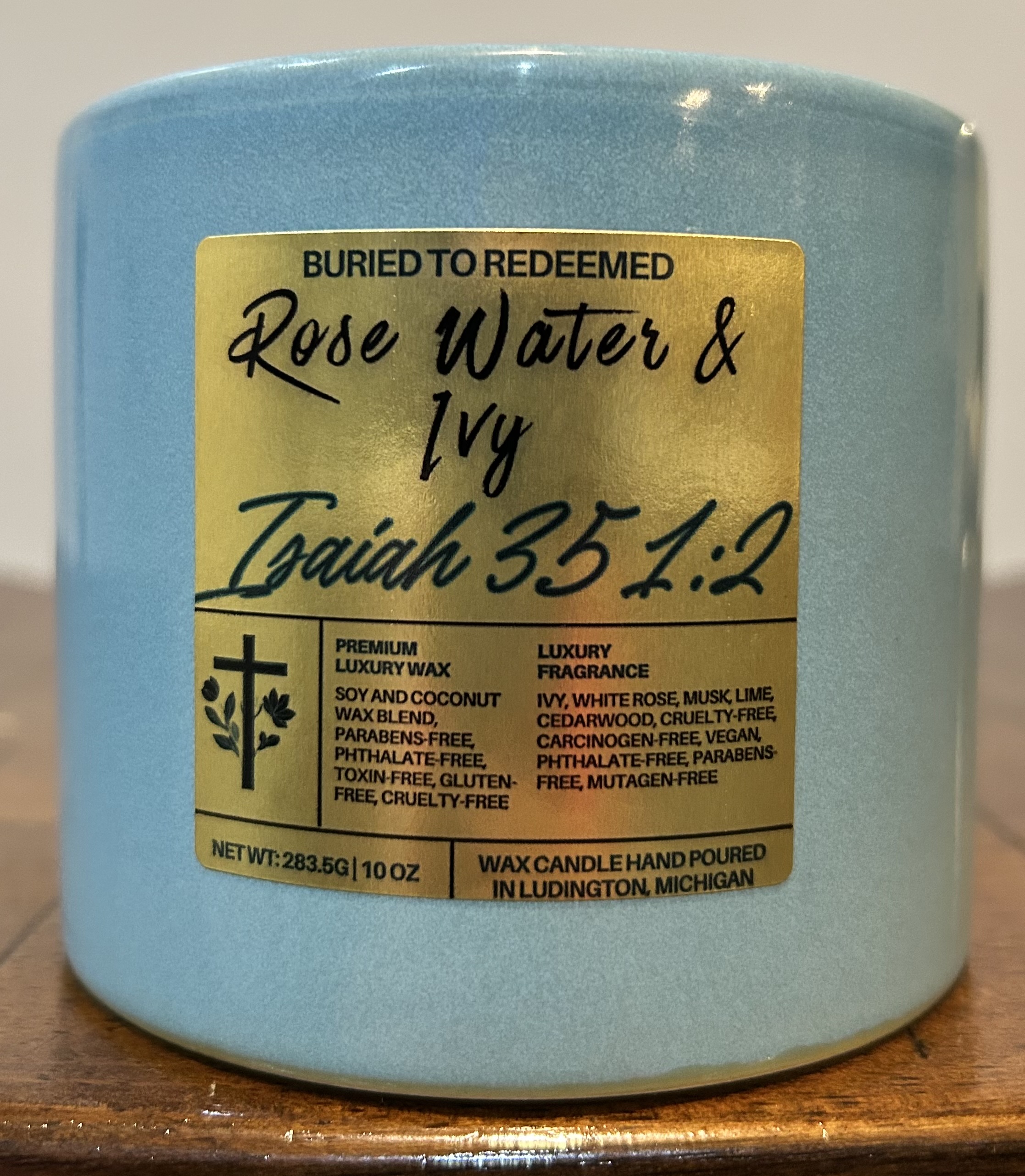 Catholic Bible Verse Candle Rose Water & Ivy - Isaiah 35:1-2 - 10 oz - Light Blue - Premium USA Ingredients