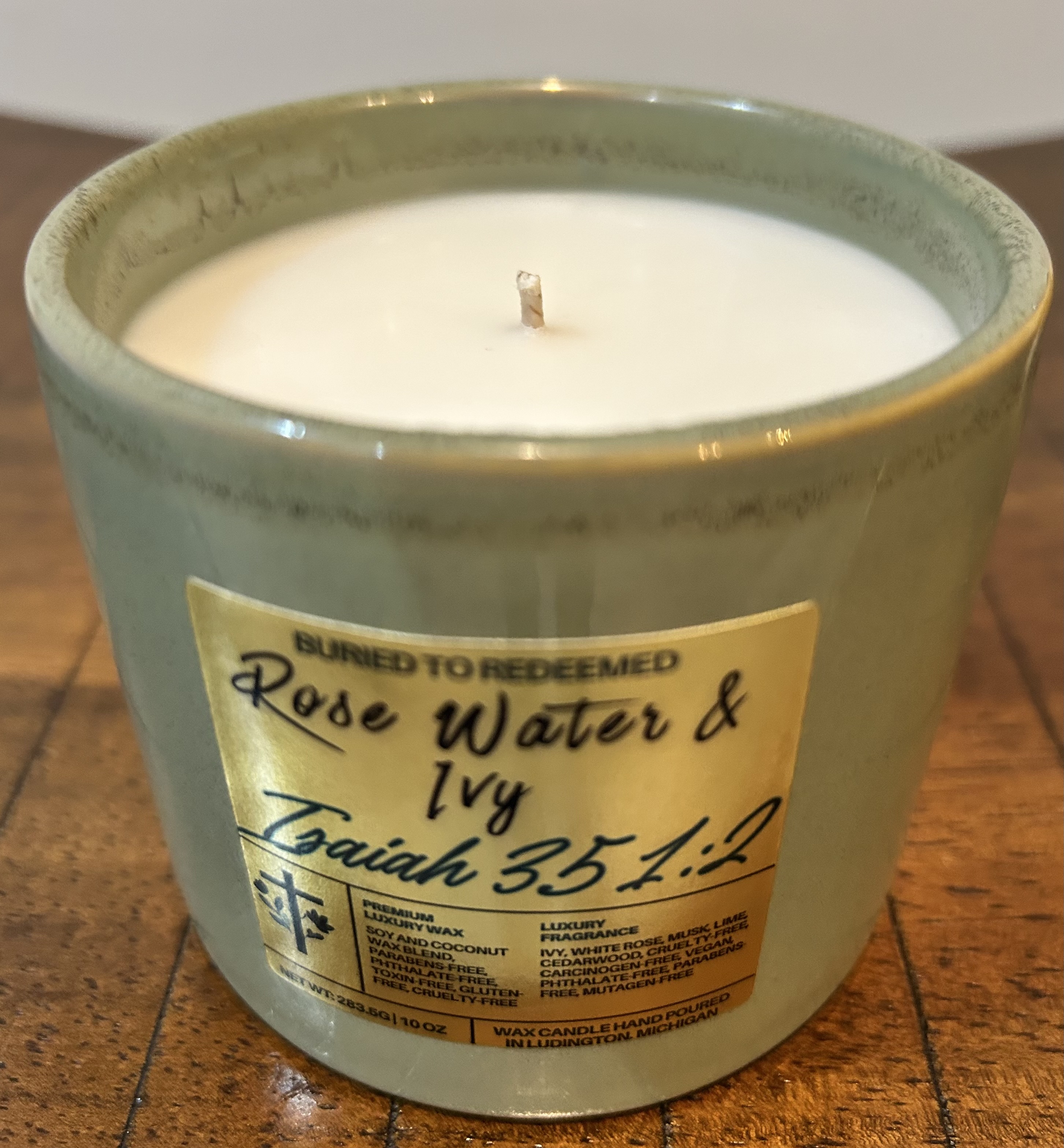 Catholic Bible Verse Candle Rose Water & Ivy - Isaiah 35:1-2 - 10 oz - Green - Premium USA Ingredients