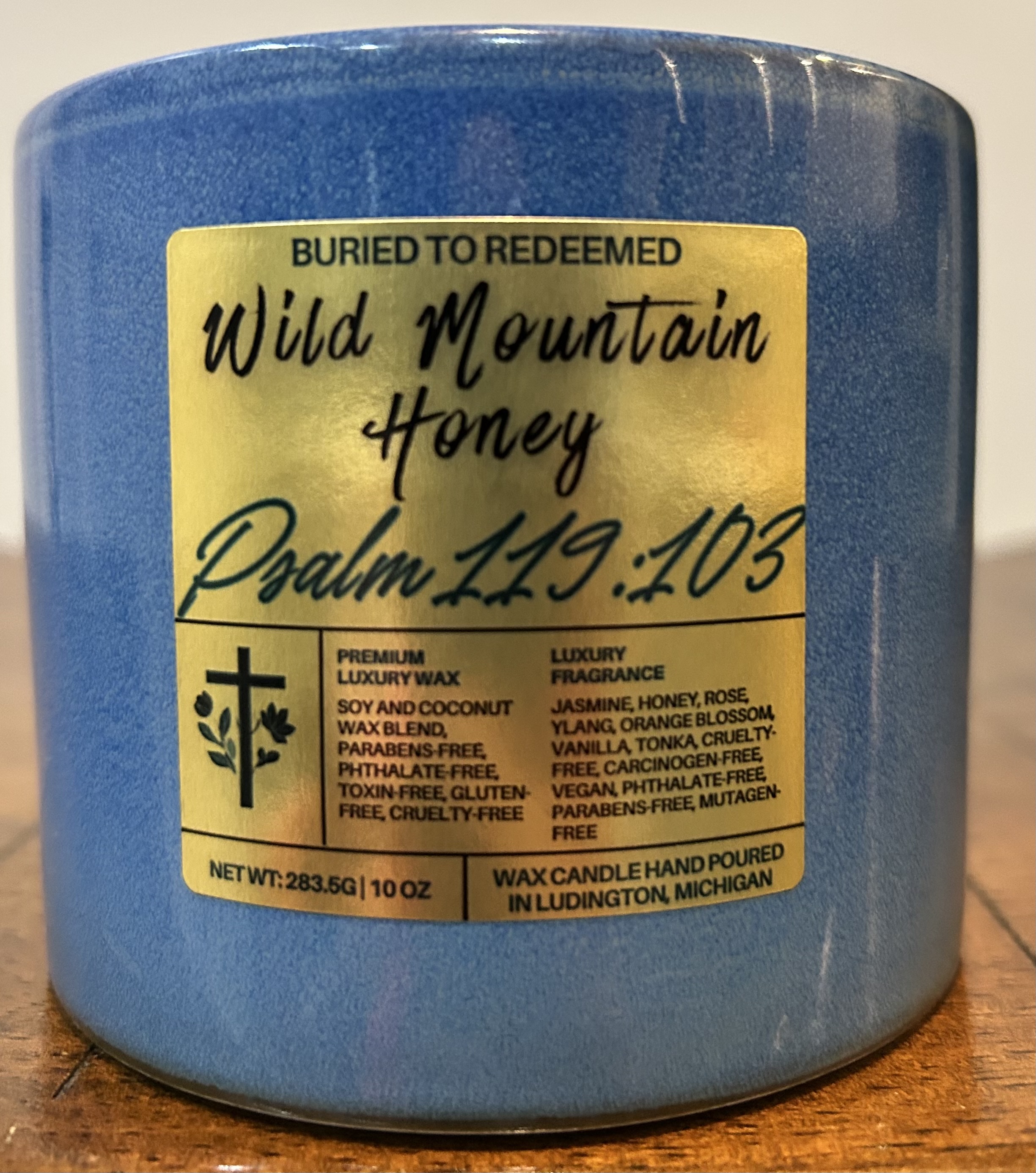 Catholic Bible Verse Candle Wild Mountain Honey - Psalm 119:103 - 10 oz - Dark Blue - Premium USA Ingredients