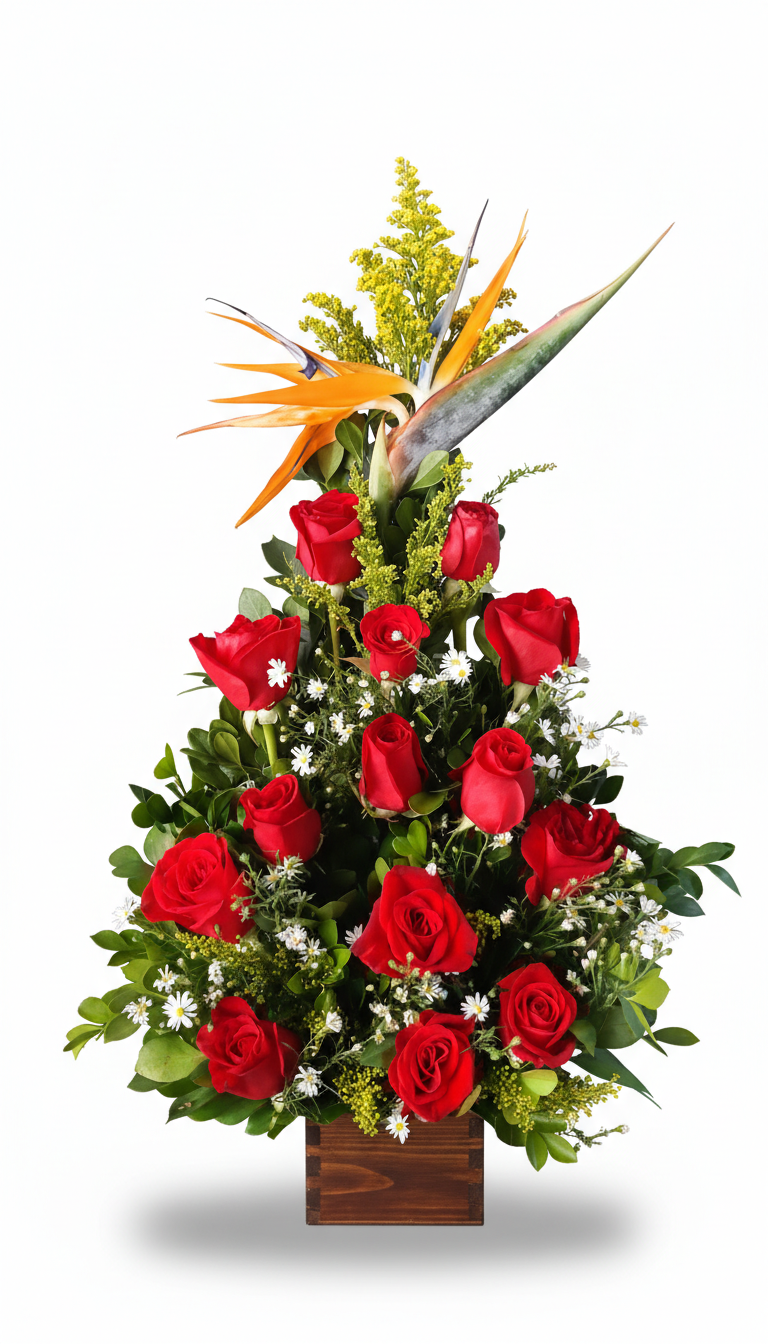 Arreglo floral con rosas y ave del paraíso