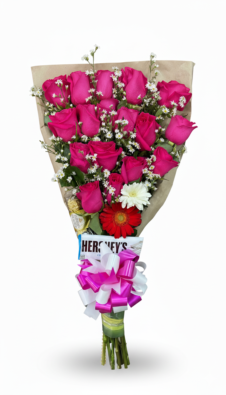 Bouquet de rosas rosadas con chocolatinas