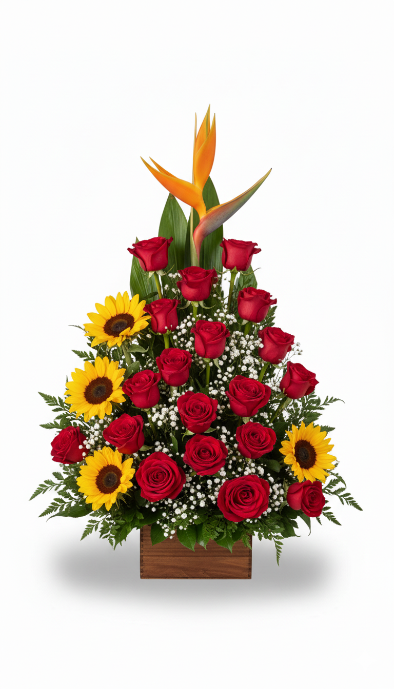 Arreglo floral de rosas y girasoles