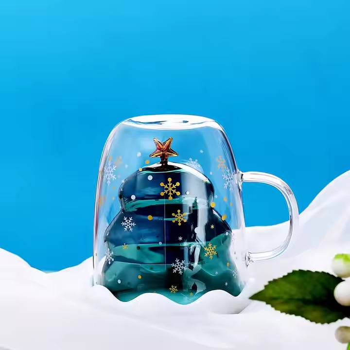 Christmas gifts 300ml 10oz insulated double wall glass coffee mugs with gift box Christmas glass mug