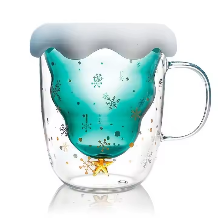 Christmas gifts 300ml 10oz insulated double wall glass coffee mugs with gift box Christmas glass mug