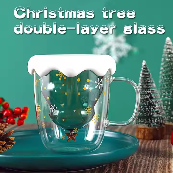 Christmas gifts 300ml 10oz insulated double wall glass coffee mugs with gift box Christmas glass mug