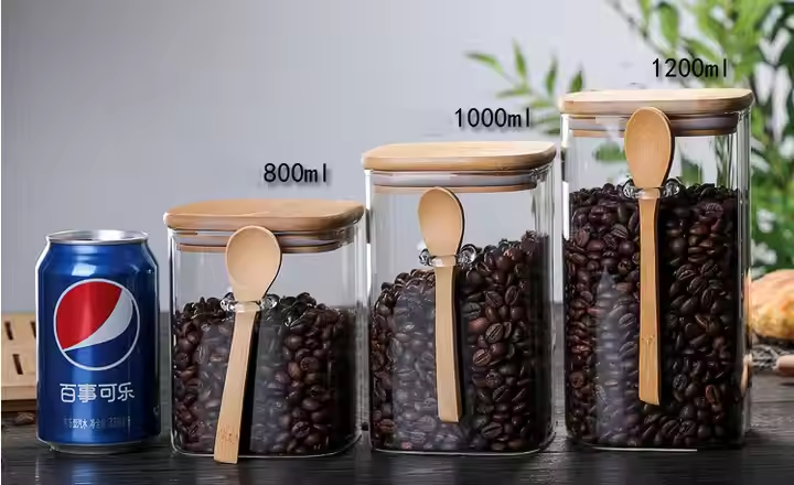 Manufacturer Wholesale 800ml 1000ml 1200ml square acacia wood glass storage glass