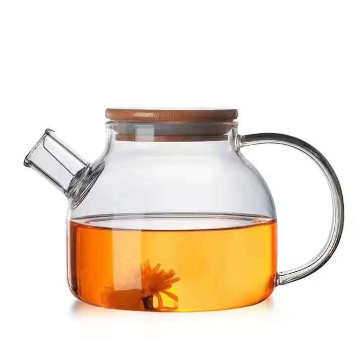 BSCI LFGB 1000ml Big Size Fancy Borosilicate Glass Barrel Glass Teapot with Spring Filter and Bamboo Lid