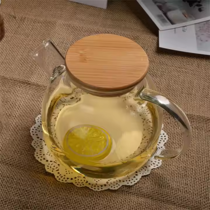 BSCI LFGB 1000ml Big Size Fancy Borosilicate Glass Barrel Glass Teapot with Spring Filter and Bamboo Lid