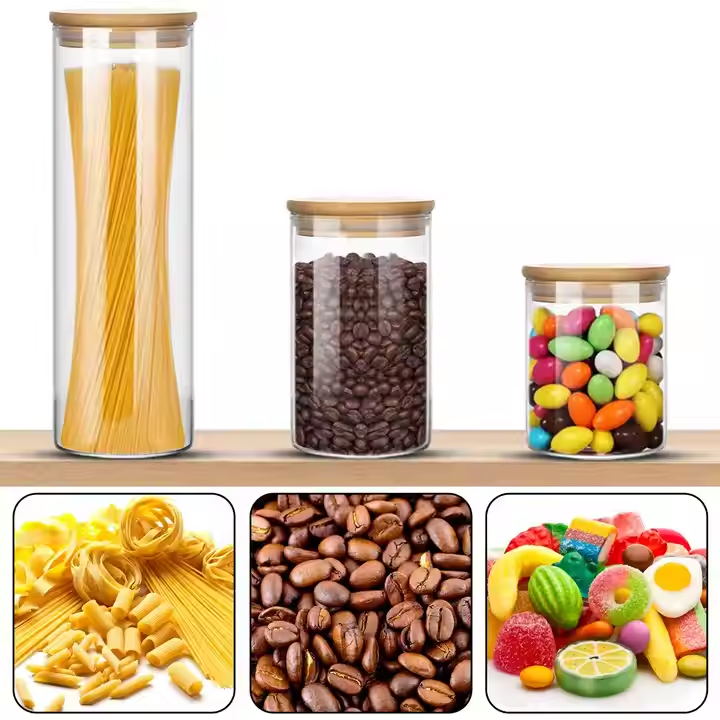 High Quality Kitchen Boro Silicate Container Set Glass Storage Glass with Wood Bamboo Lid