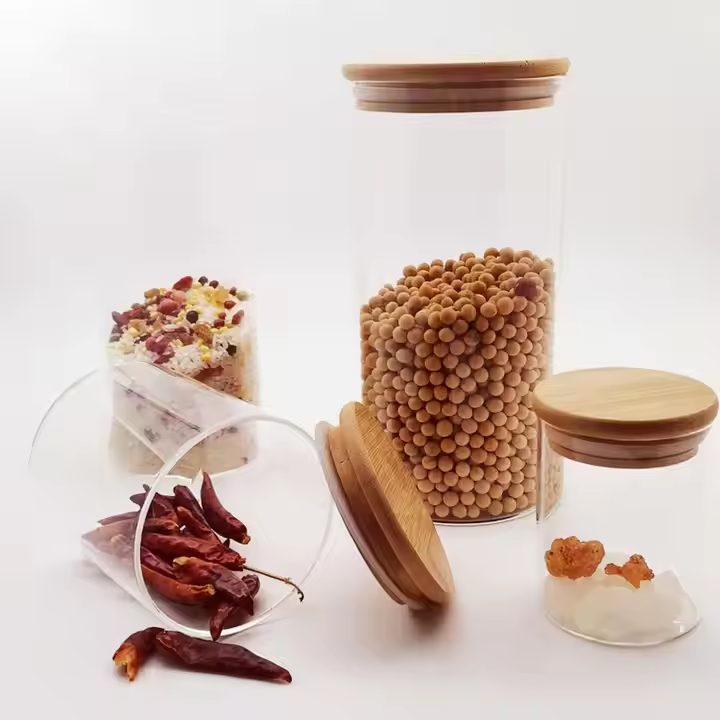 High Quality Kitchen Boro Silicate Container Set Glass Storage Glass with Wood Bamboo Lid
