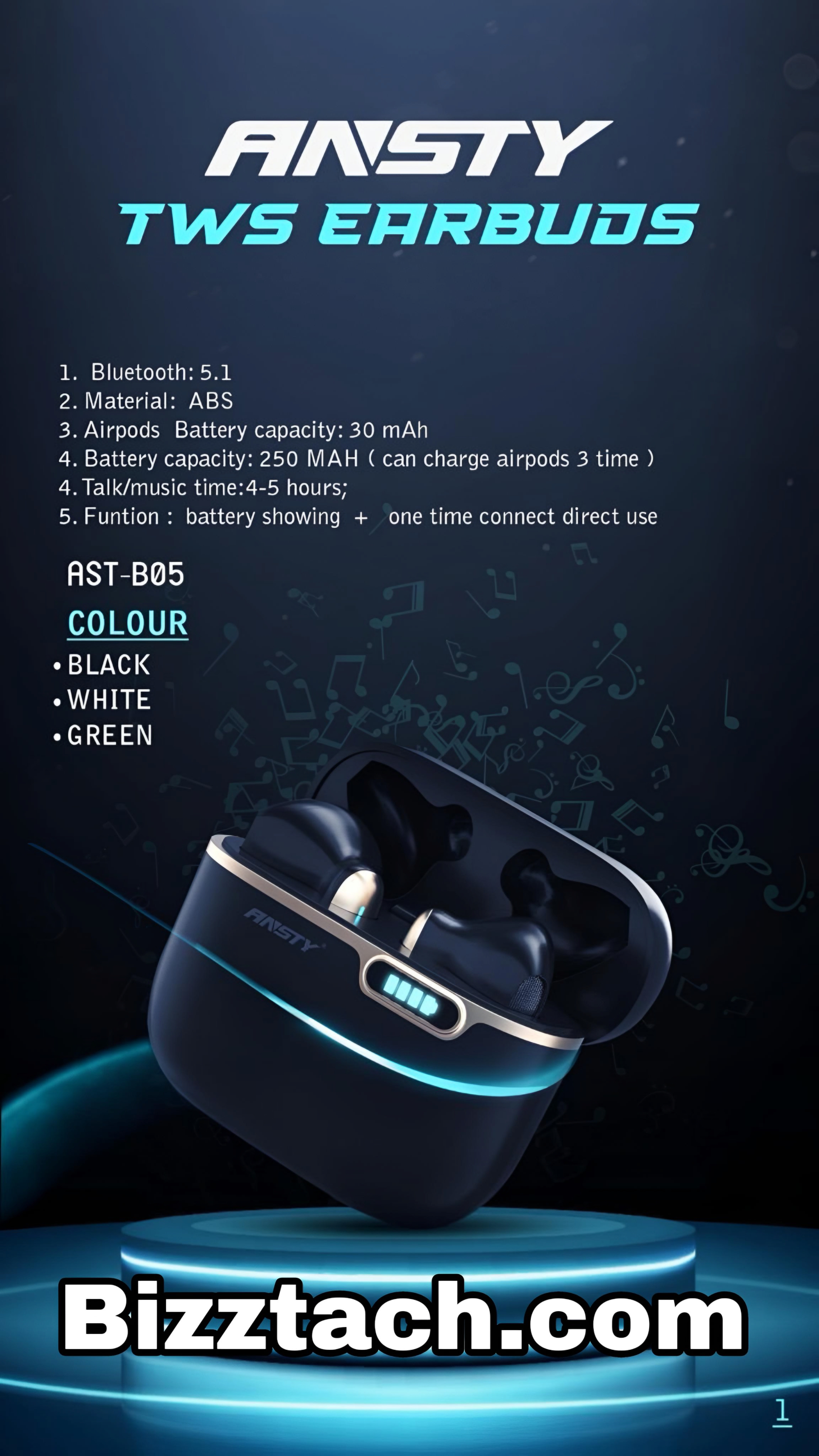 Ansty AST-B05 are true wireless earbuds manufactured by the brand Ansty.