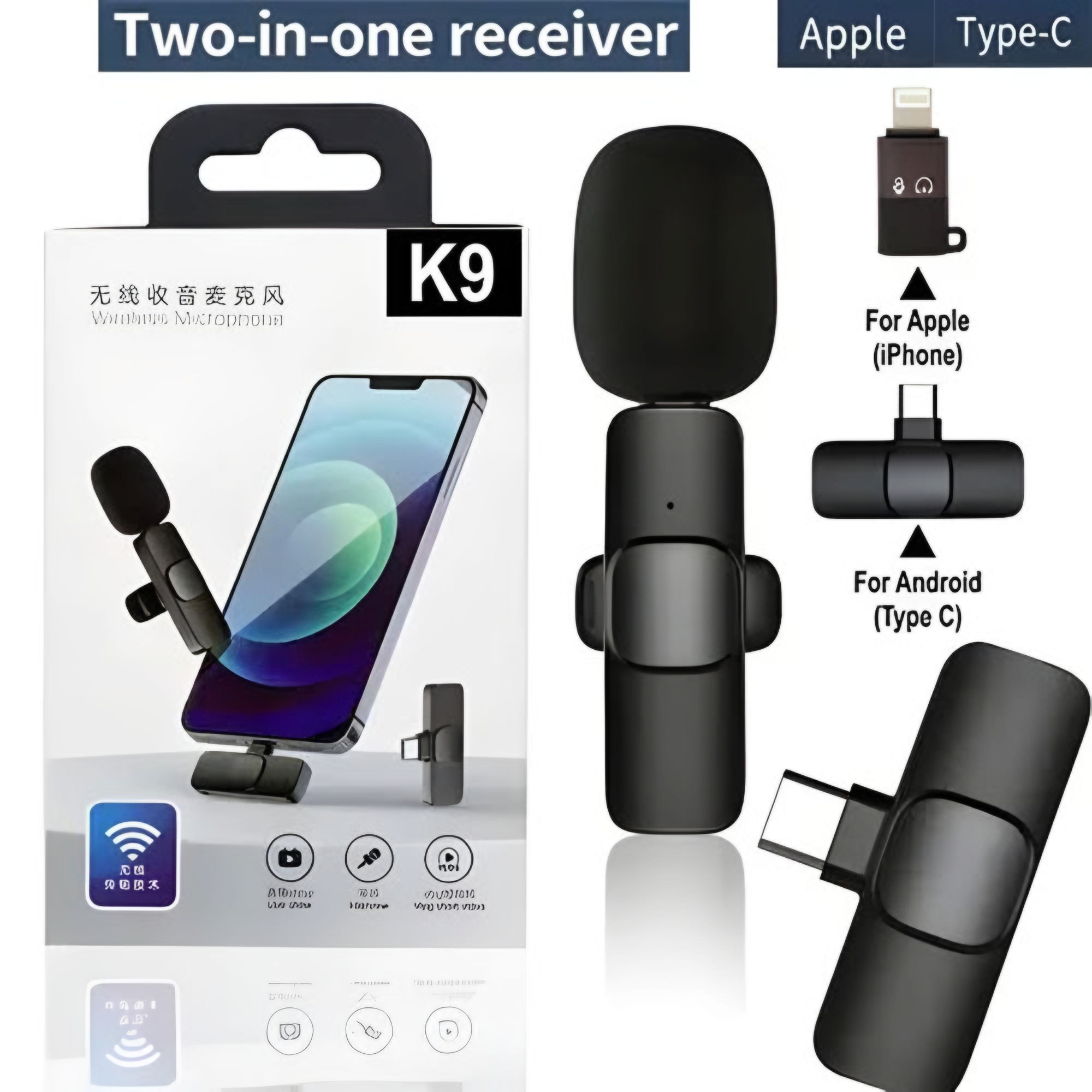 WIRELESS MIC K9 Microphone Type-C & Lighting plug