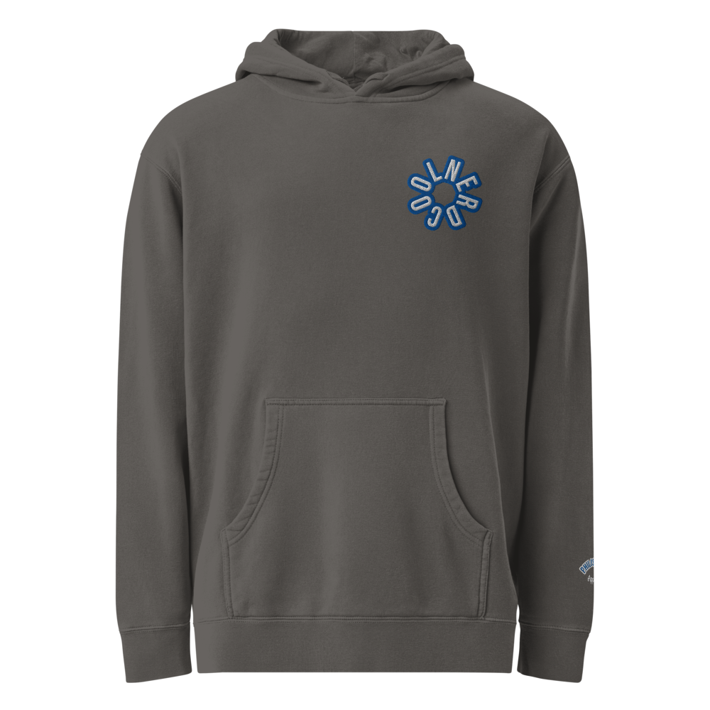 Unisex Pigment-dyed Hoodie with Embroidered Royal Blue & White Chest Logo