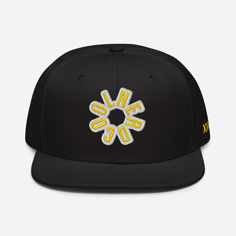 Black Snapback Hat with Gold & White Embroidery