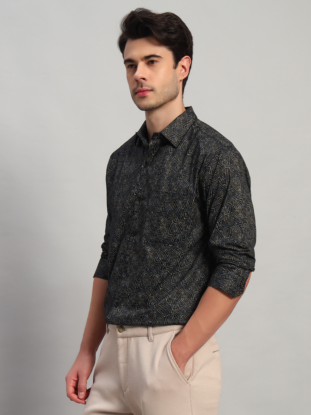 Men's Geometric Print Black Shirt