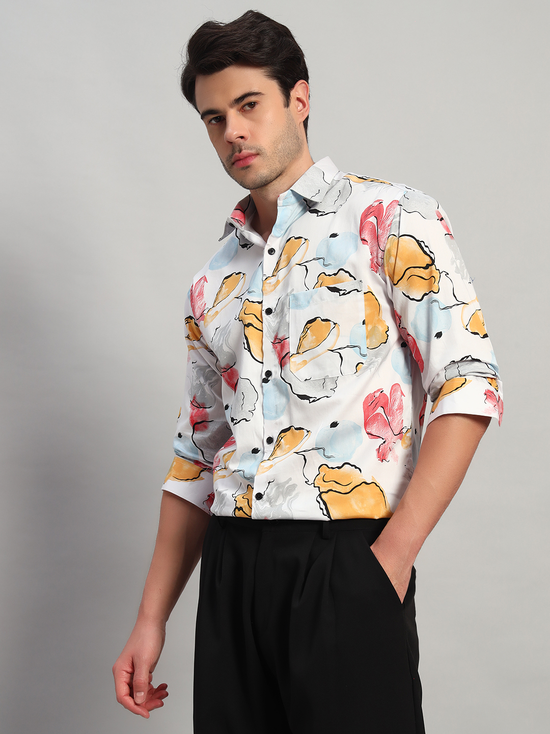 Multicoloured Printed Wolf Full Sleeve Casual Oversized Shirts