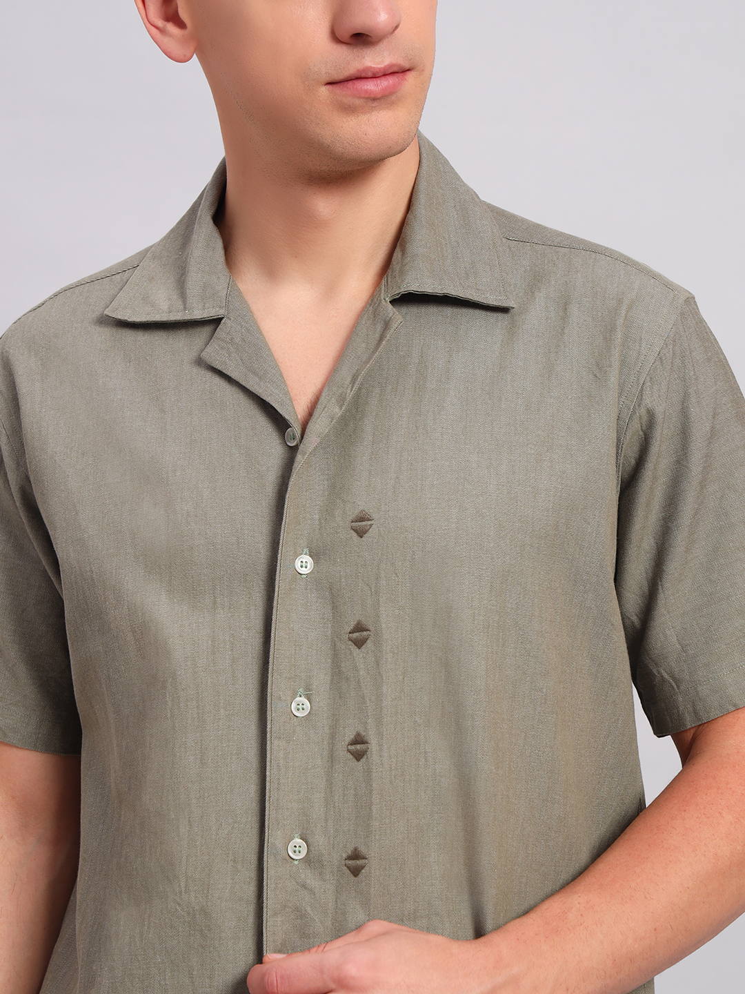 Men's grey Embroidered Cuban Collar Casual Shirt