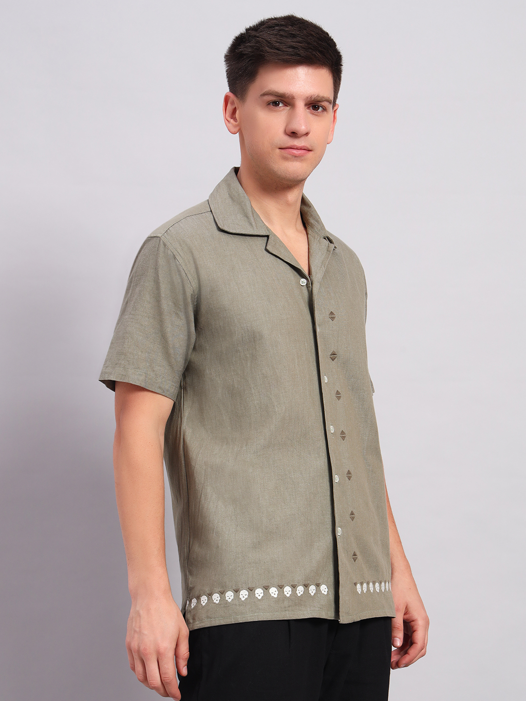 Men's grey Embroidered Cuban Collar Casual Shirt