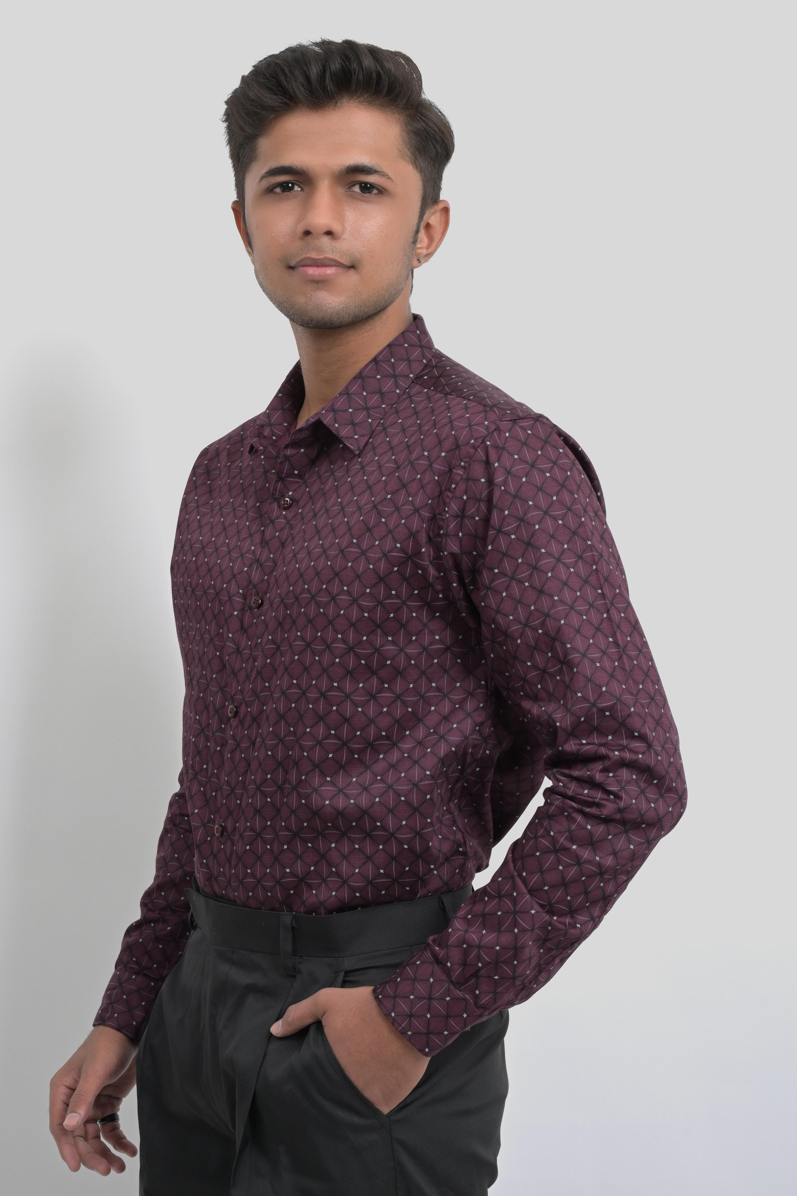 Men's Maroon Printed Formal Shirt