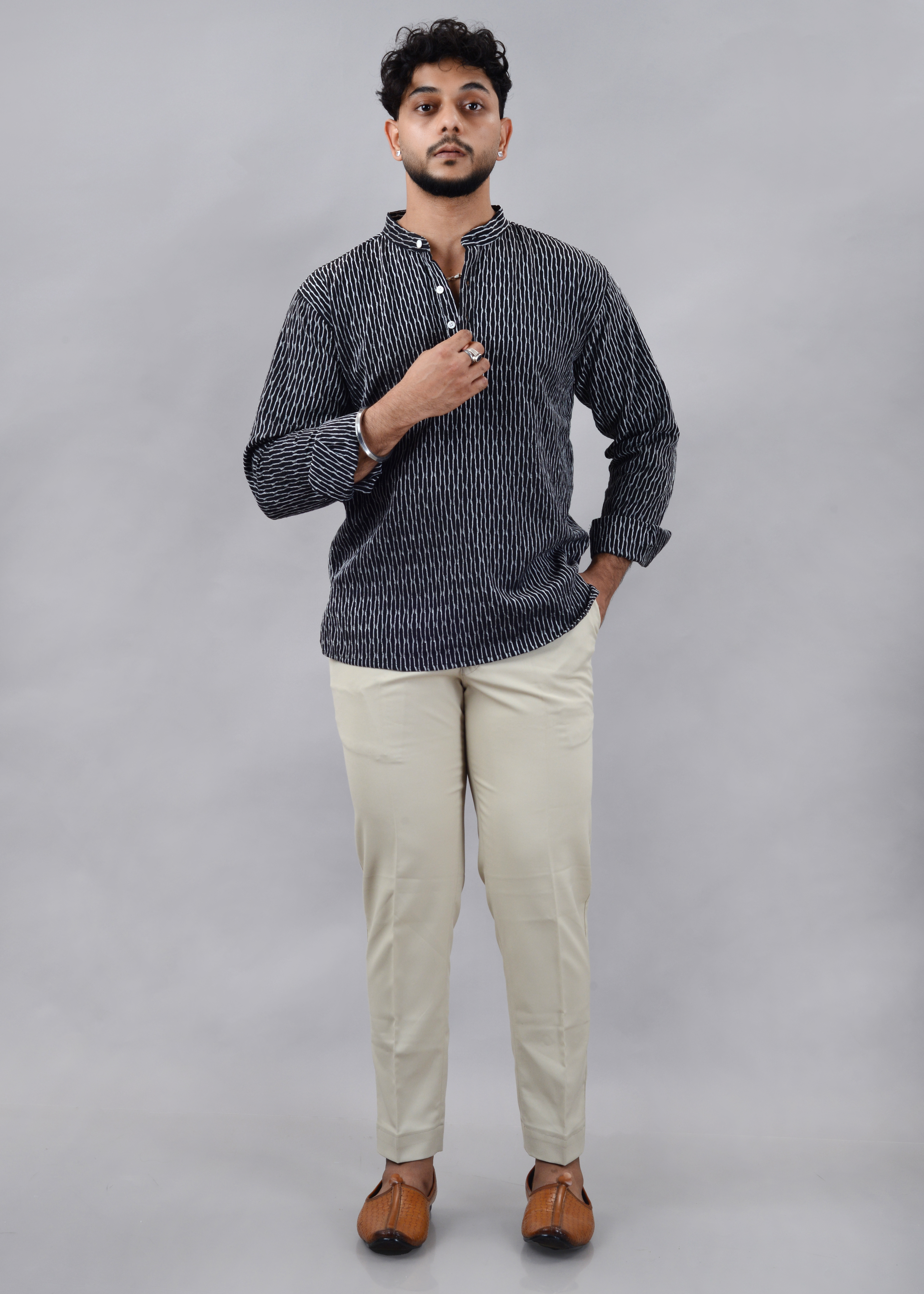 Textured Black Short Kurta