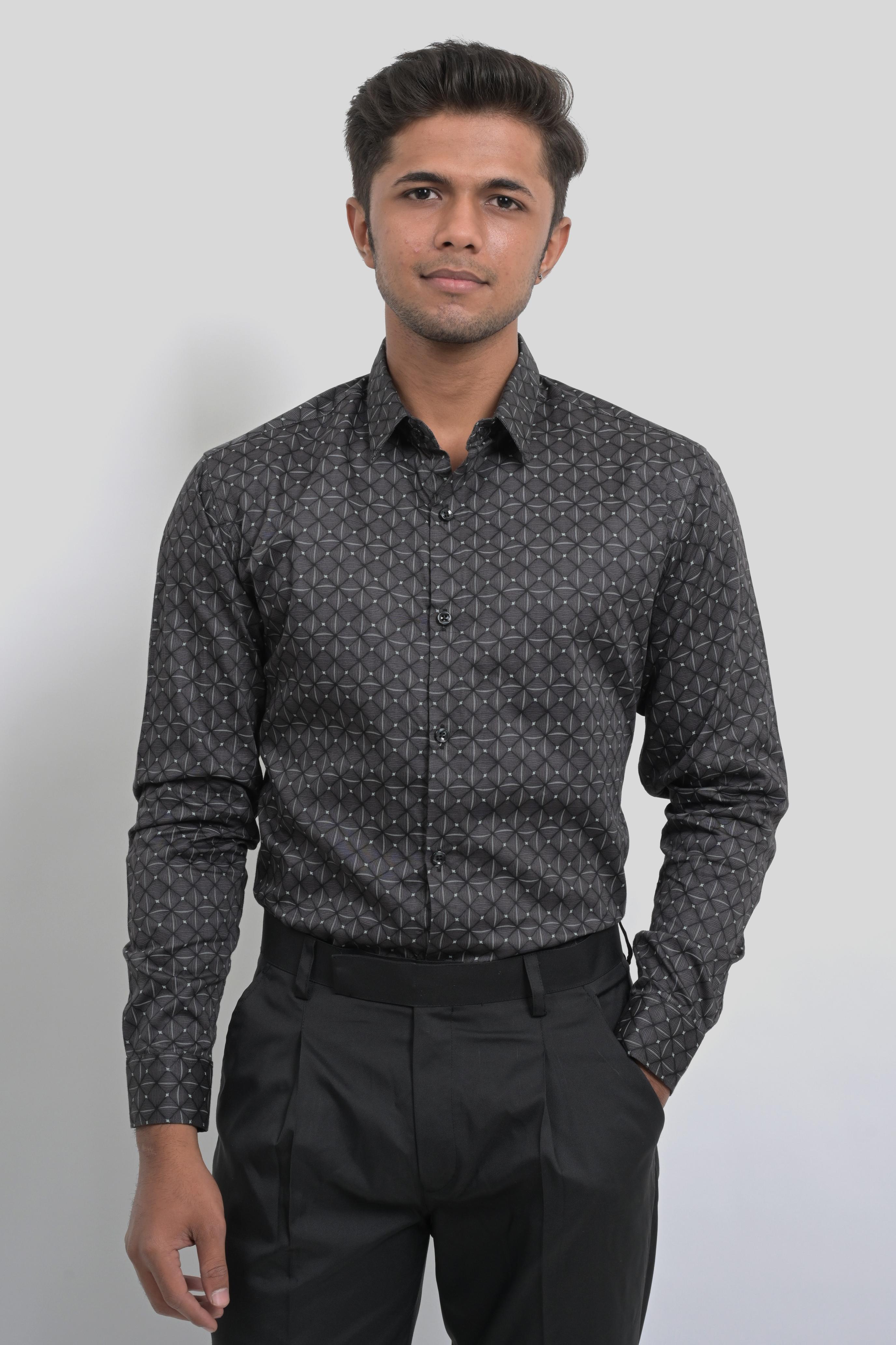 Men's Black Patterned Dress Shirt