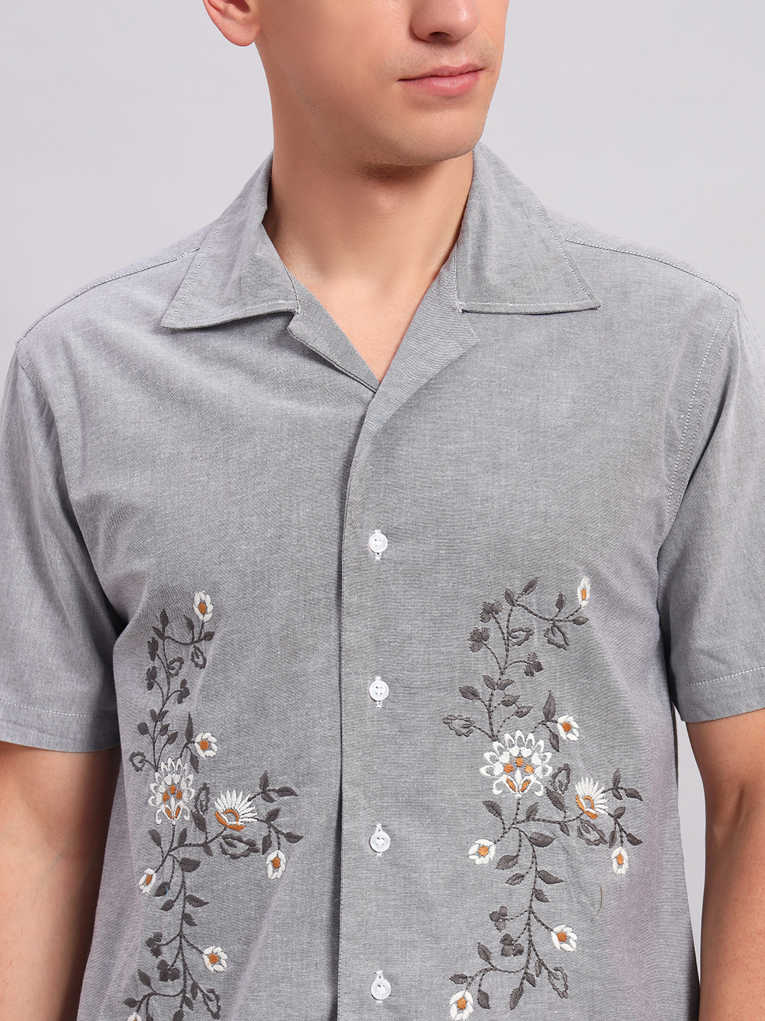 Men's light Grey Embroidered Cuban Collar Casual Shirt
