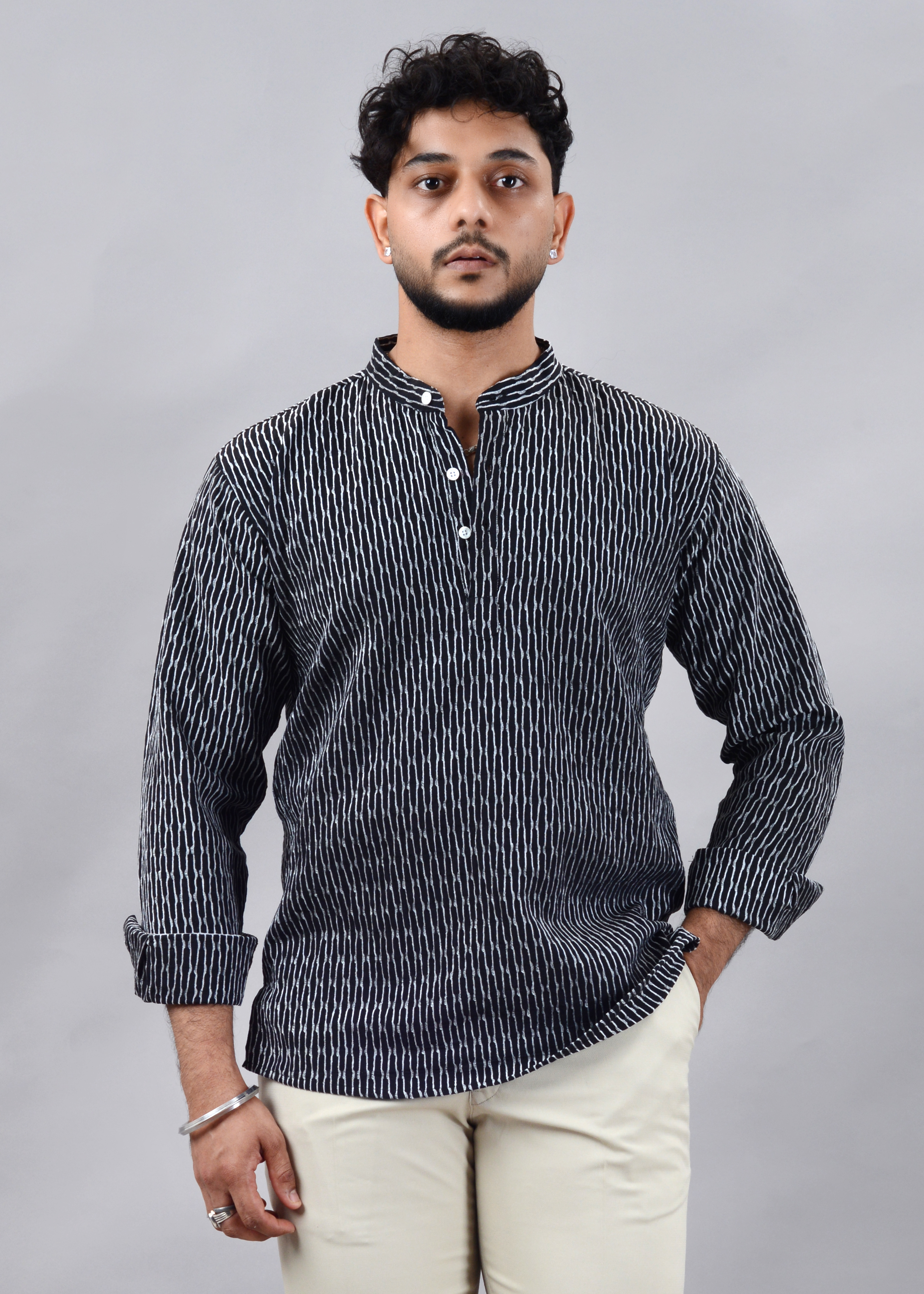 Textured Black Short Kurta