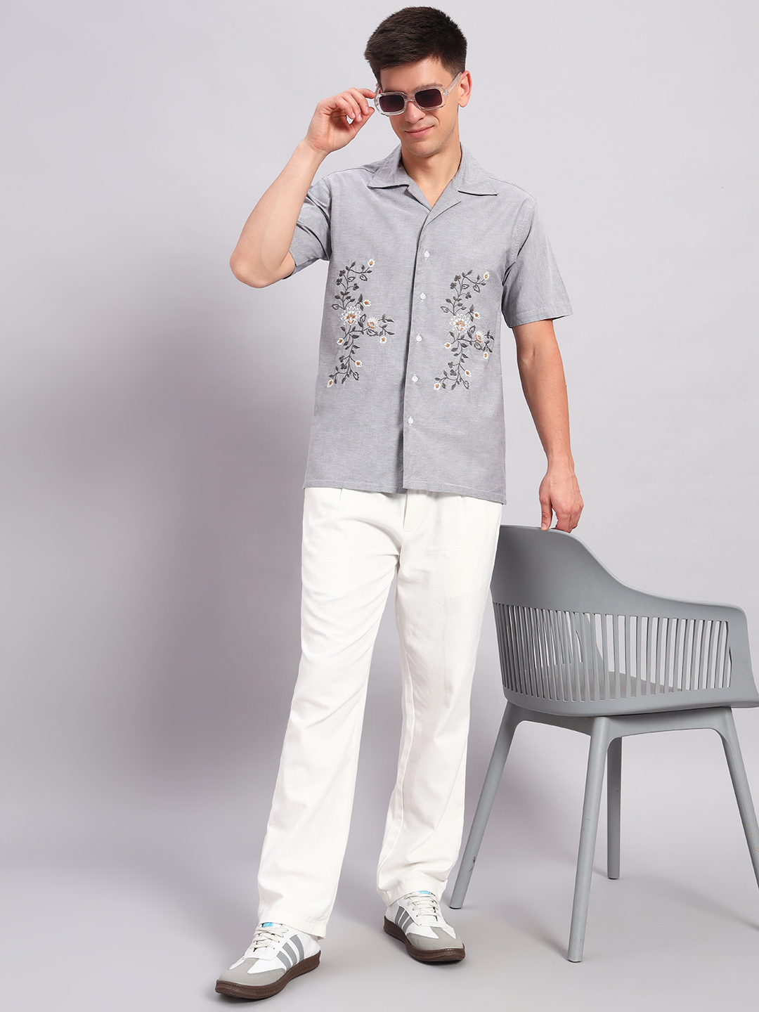 Men's light Grey Embroidered Cuban Collar Casual Shirt