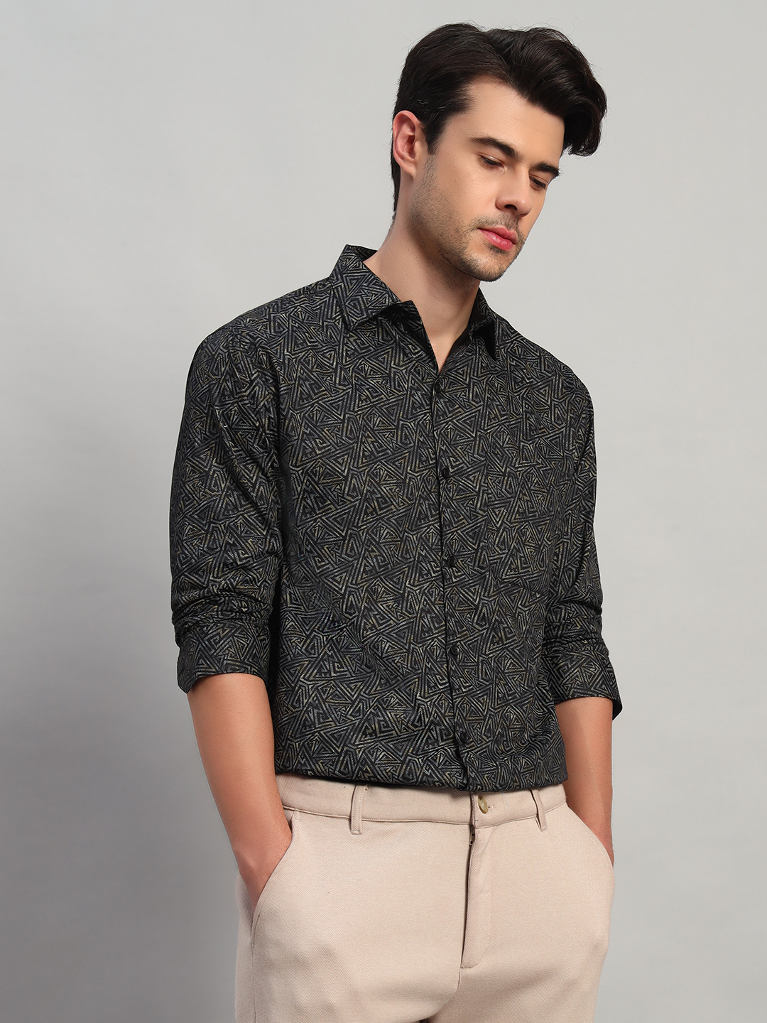Men's Geometric Print Black Shirt