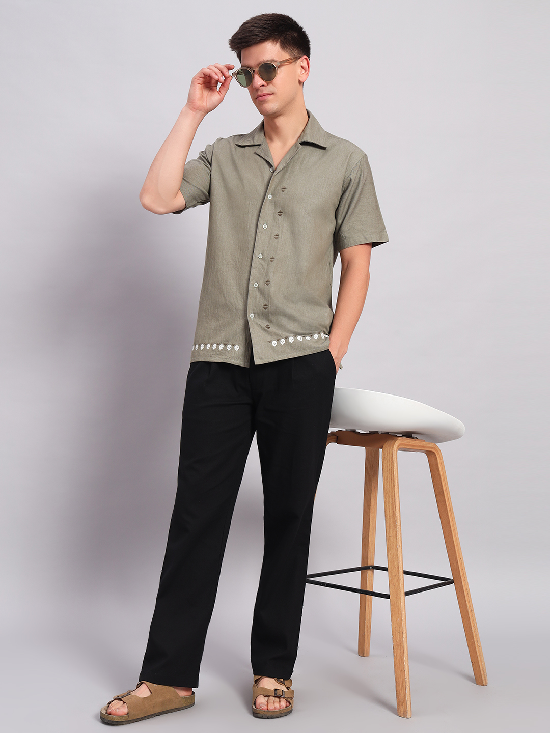 Men's grey Embroidered Cuban Collar Casual Shirt