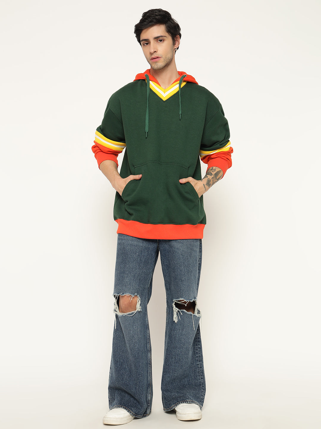 Green Hoodie with Colorful Trim
