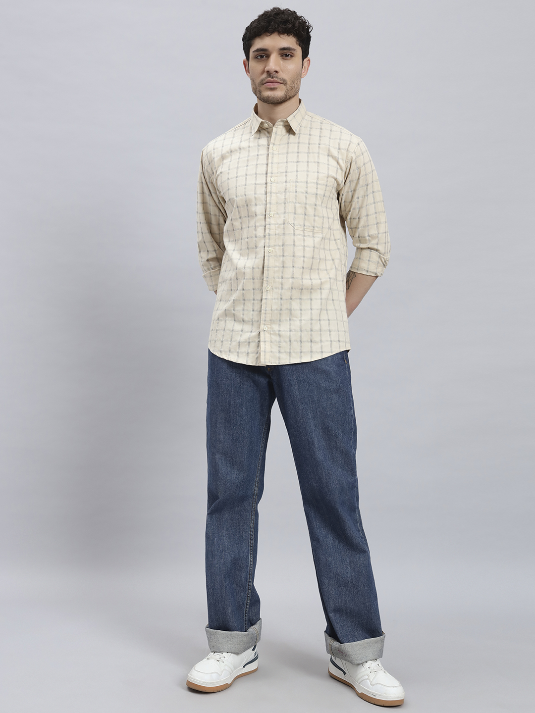 Men's Beige Checked Shirt