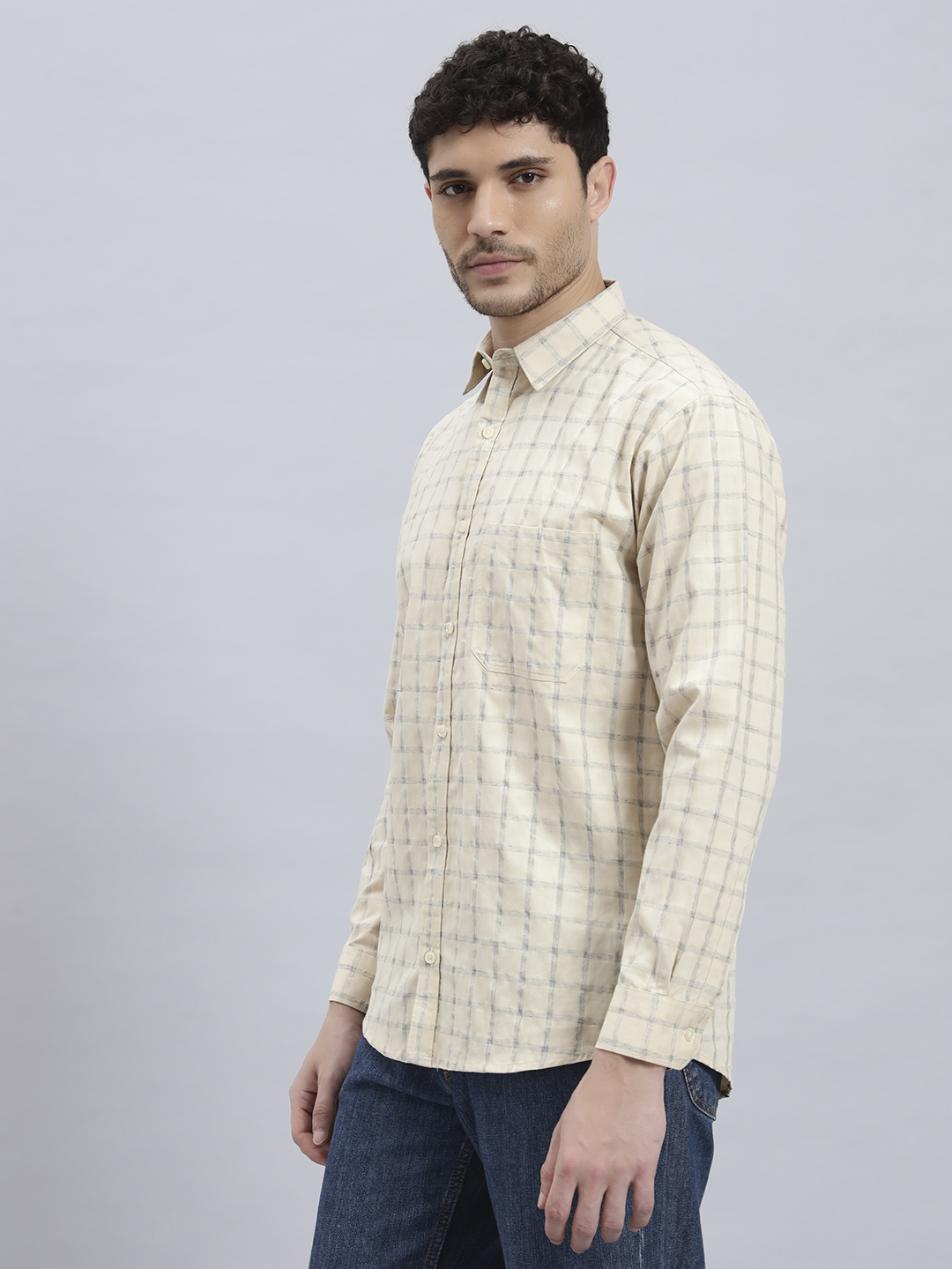 Men's Beige Checked Shirt