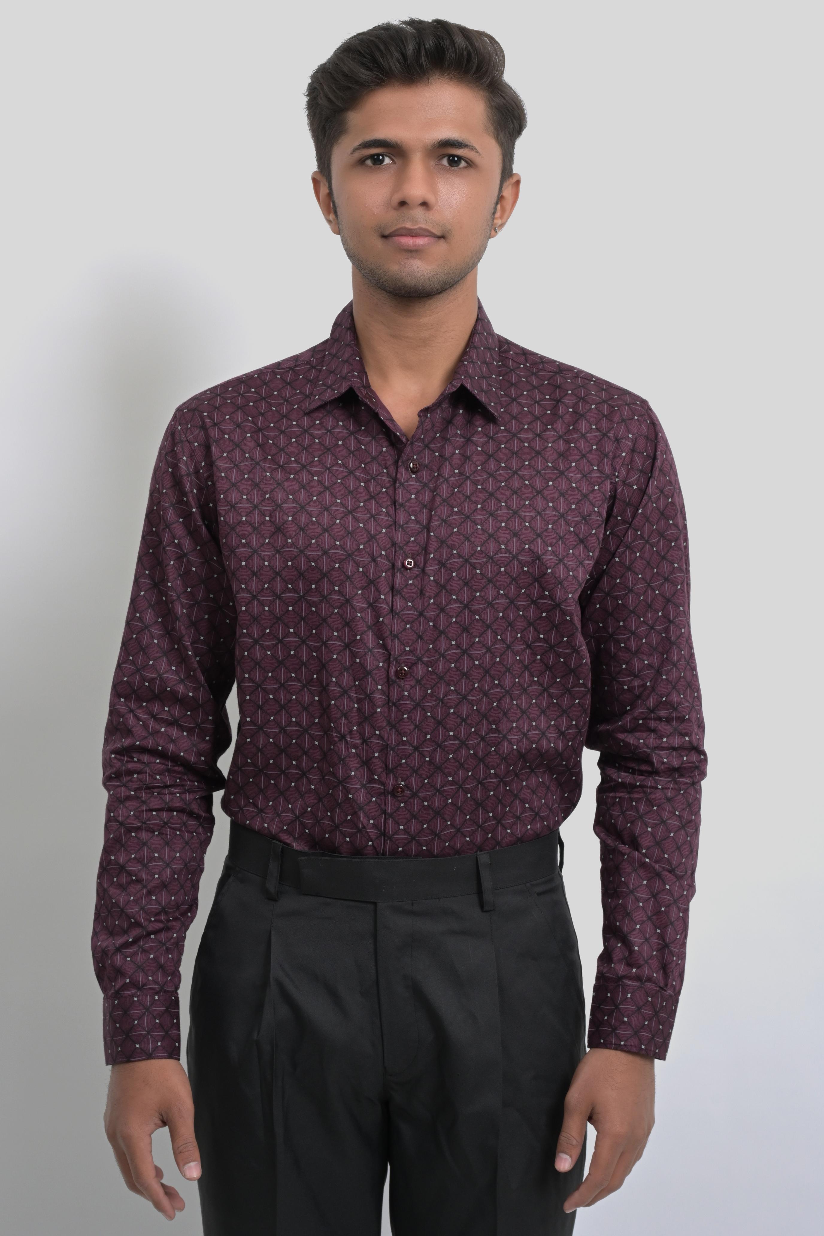 Men's Maroon Printed Formal Shirt