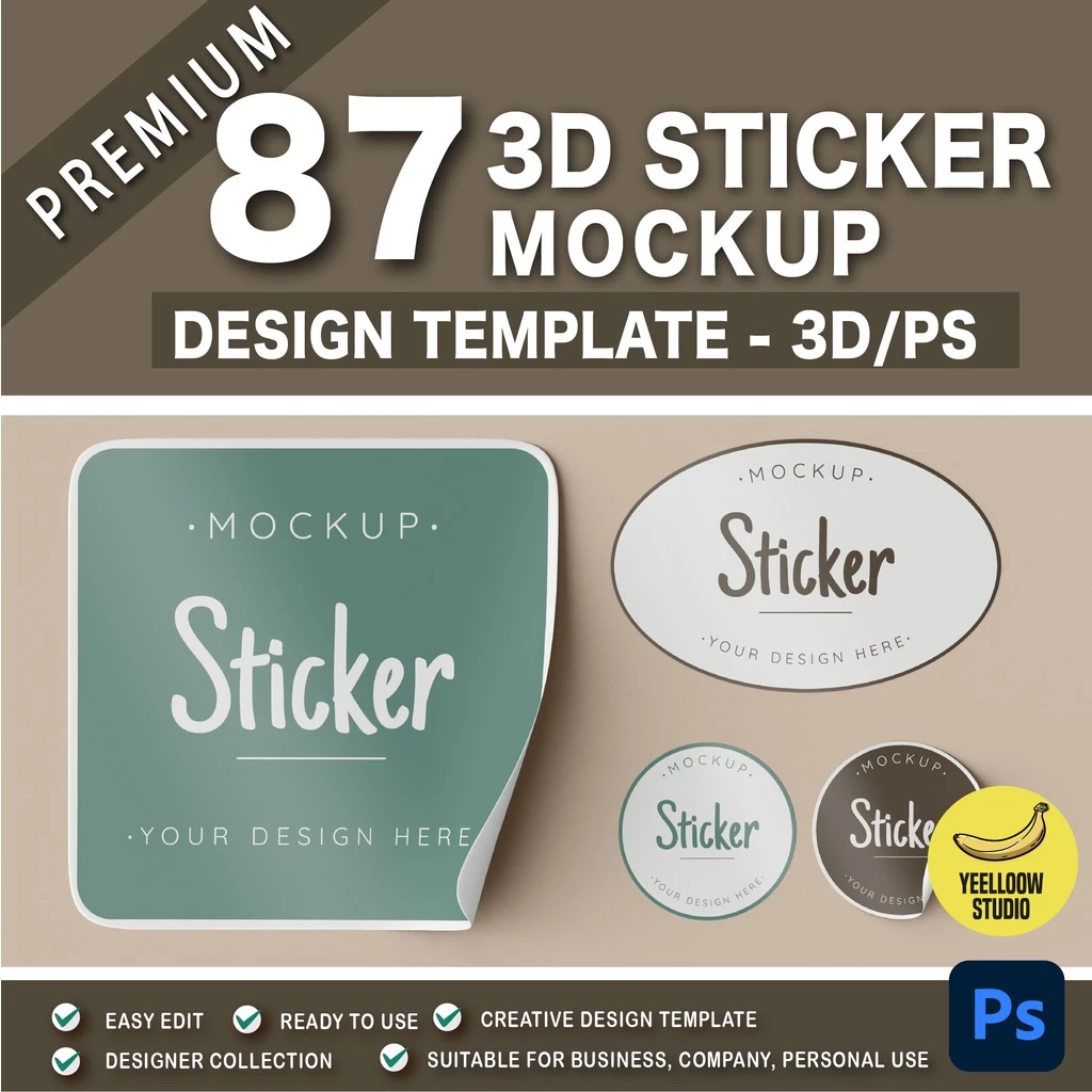 แม่แบบม็อกอัพสติ๊กเกอร์ 3D 87 แบบ
