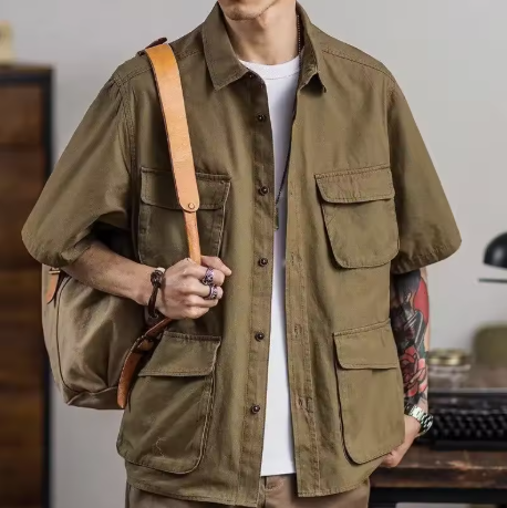 Men's khaki short-sleeve utility shirt