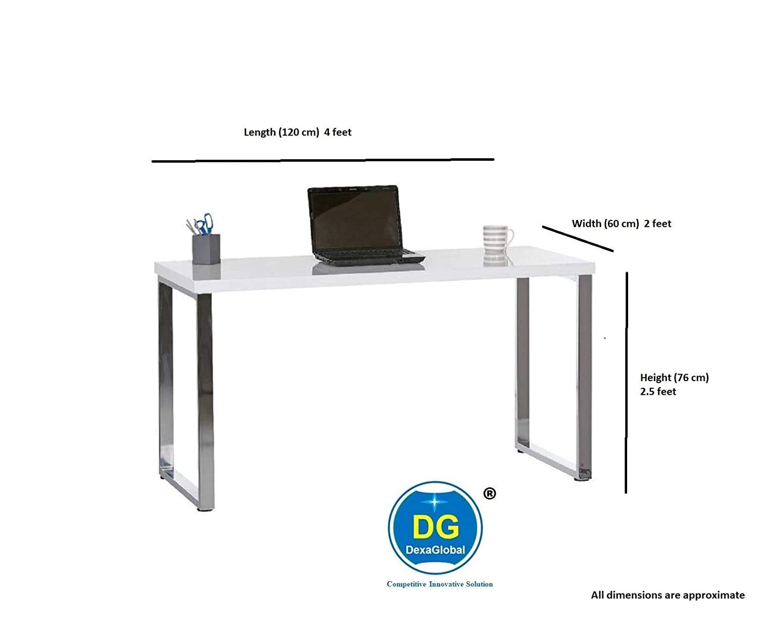 DG DEXAGLOBAL CEO Desk/Table WFH (Suitable for Work from Home) Stainless Steel + Gloss White Finish (White Top +Stainless Steel Legs, 4x2 Foot Top) Modern Office Desk