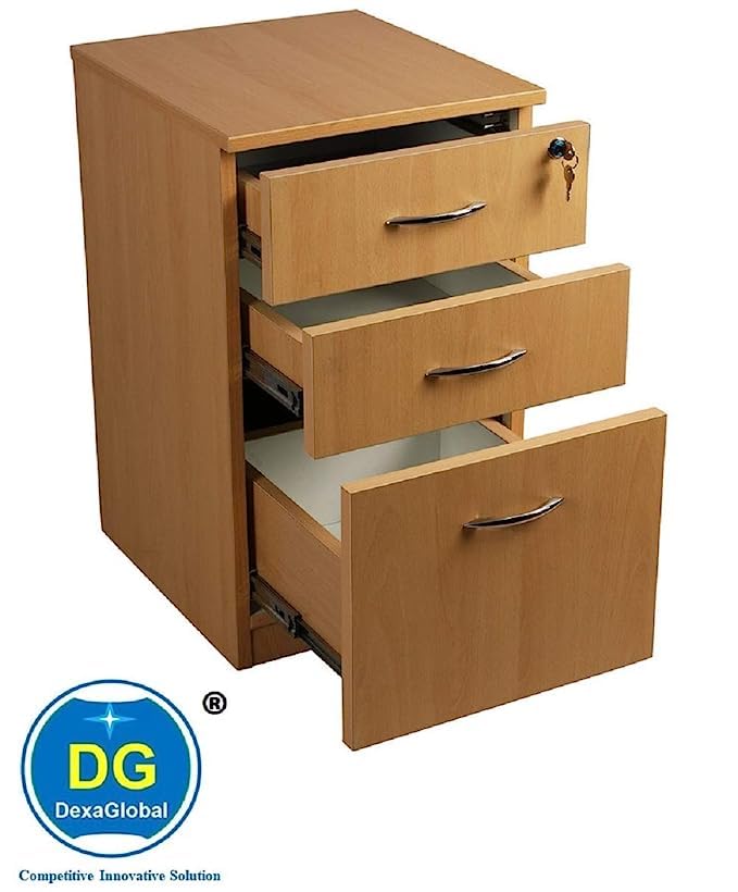 DG DEXAGLOBAL Beauty Pedestal Storage Unit with 3 Drawers (3D) with Wheels V1 (Walnut) with Key Lock Ideally Use for Home & Office Wooden Filing Cabinet