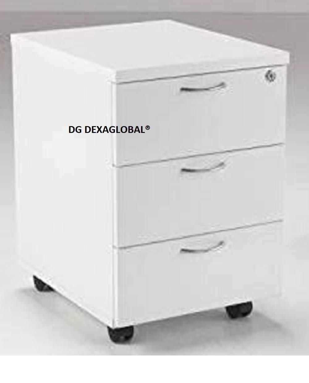 DG DEXAGLOBAL Pedestal Storage Unit- Particle Board with Key Lock Ideally - White Finish with 3 Drawers with Wheels (C Handle with Lock & Delivered Fully Assembled Condition) White 3-Drawer Mobile Filing Cabinet