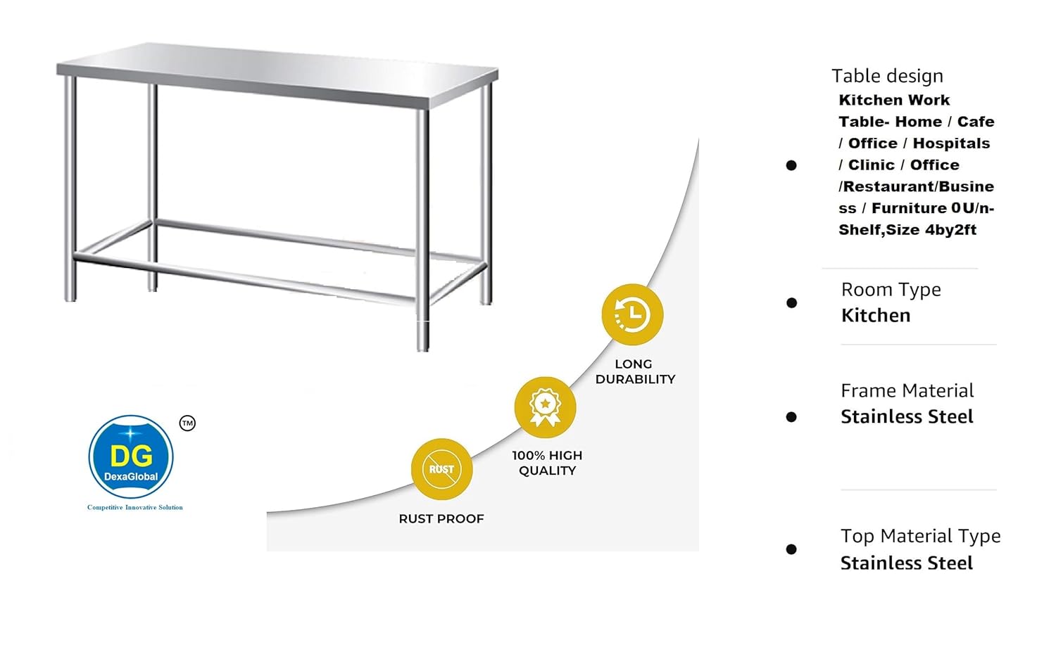 DG DEXAGLOBAL Stainless Steel Food Prep Commercial Grade Work Table for Restaurant, Business, Warehouse, Home, Kitchen, Garage 