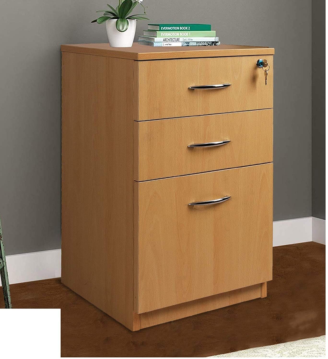 DG DEXAGLOBAL Beauty Pedestal Storage Unit with 3 Drawers (3D) with Wheels V1 (Walnut) with Key Lock Ideally Use for Home & Office Wooden Filing Cabinet