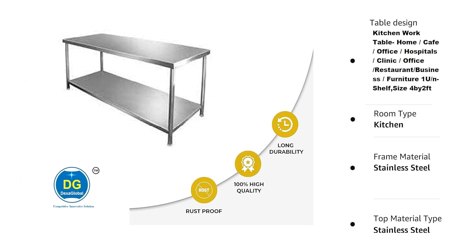 DG DEXAGLOBAL Beauty Stainless Steel Work Table Bench (45x26x34 Inches, Steel) 5 Year Manufacturing Warranty 