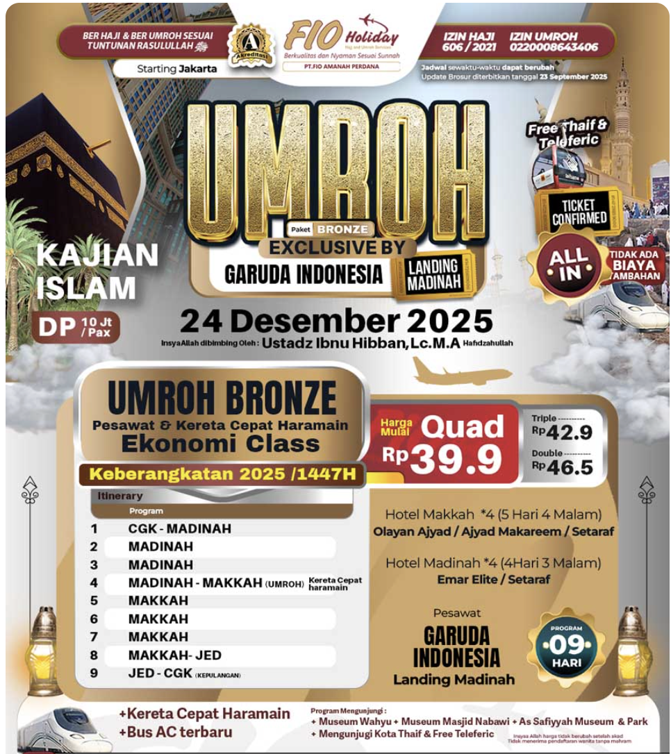 PAKET UMROH BRONZE – EXCLUSIVE BY GARUDA INDONESIA Landing Madinah | Program 9 Hari | Desember 2025