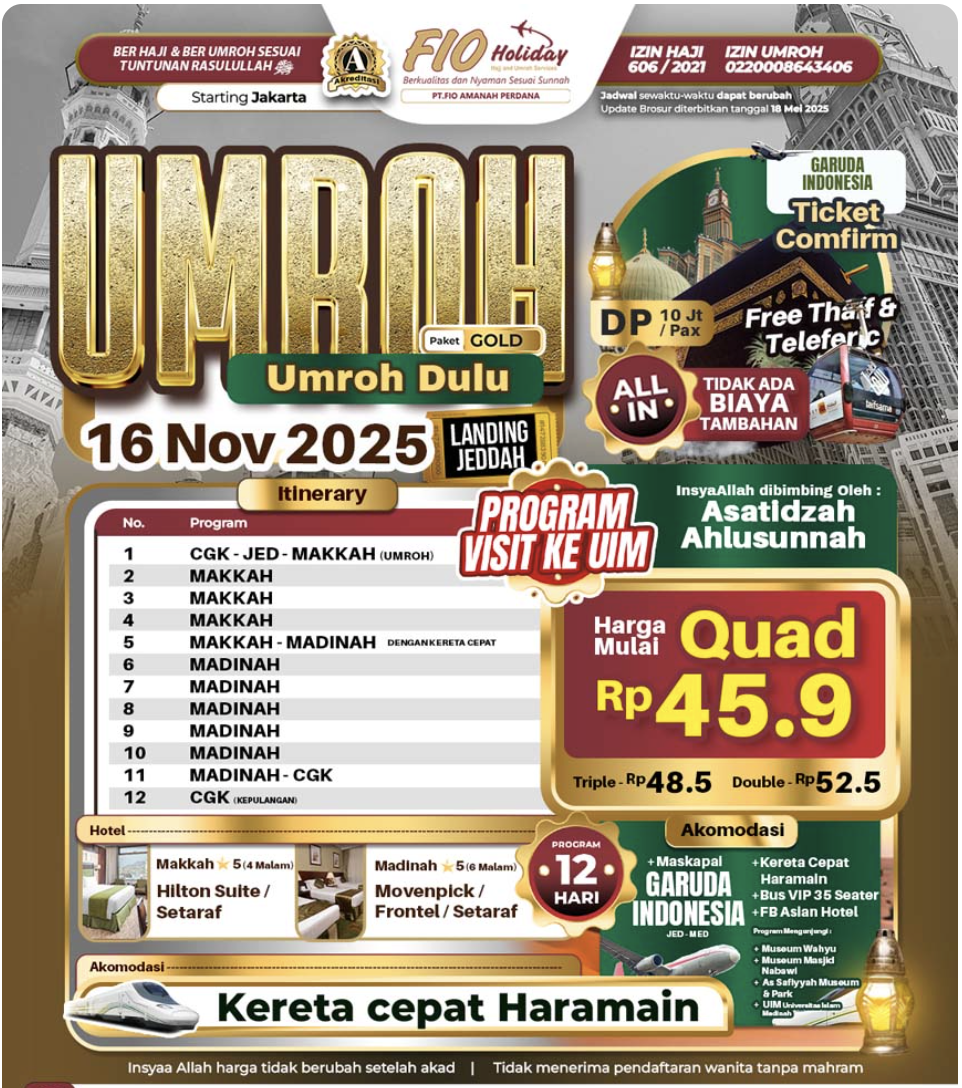 UMROH DULU – PAKET GOLD 2025 “Perjalanan Ibadah Premium dengan Bimbingan Sunnah dan Fasilitas Terbaik”