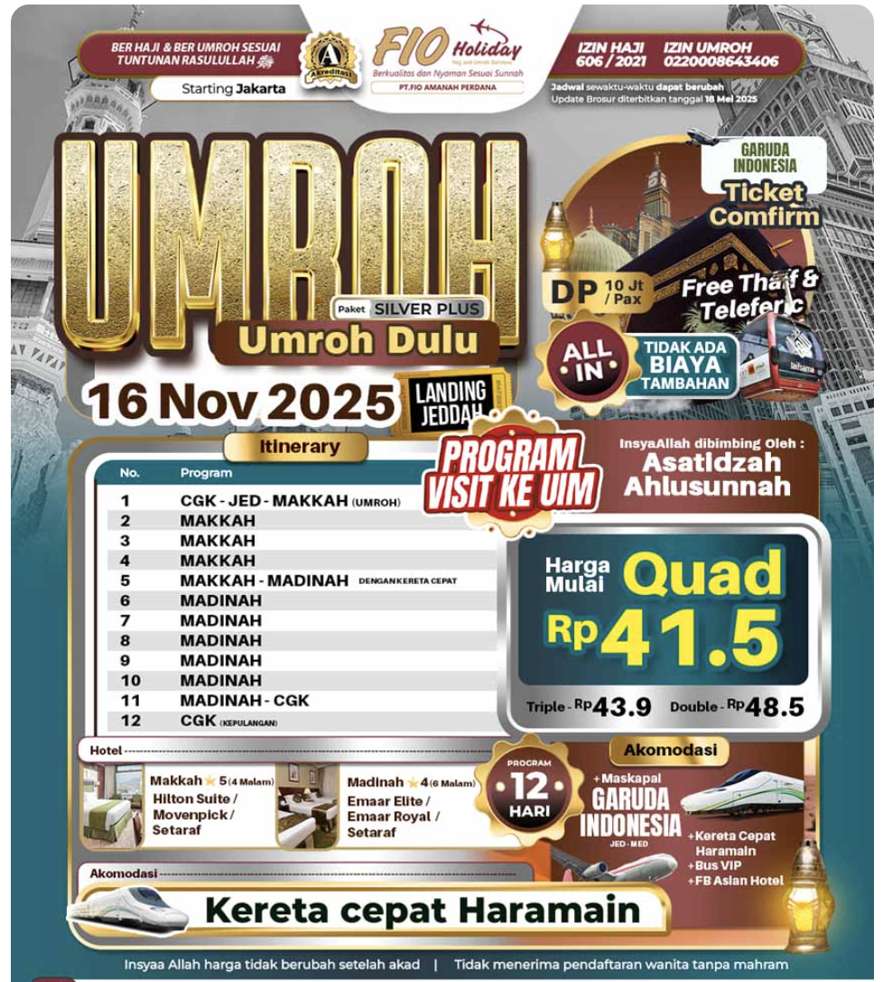UMROH DULU – PAKET SILVER PLUS 2025 “Perjalanan Spiritual Berkelas Bersama Asatidzah Ahlussunah”