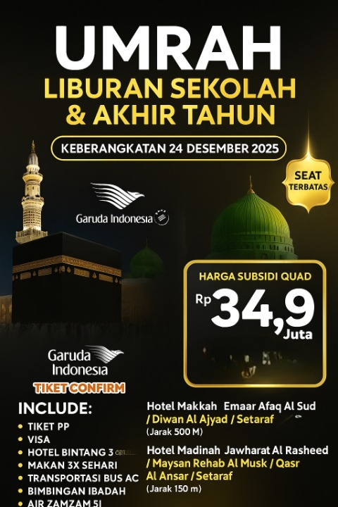 Umrah Liburan Sekolah & Akhir Tahun – 9 Hari (24 Desember 2025) ASW22