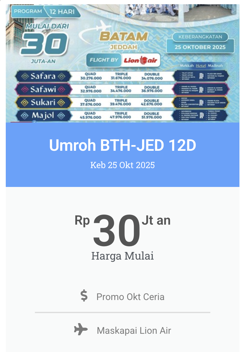 Umrah Travel Package “Batam–Jeddah 12 Hari” keberangkatan 25 Oktober 2025