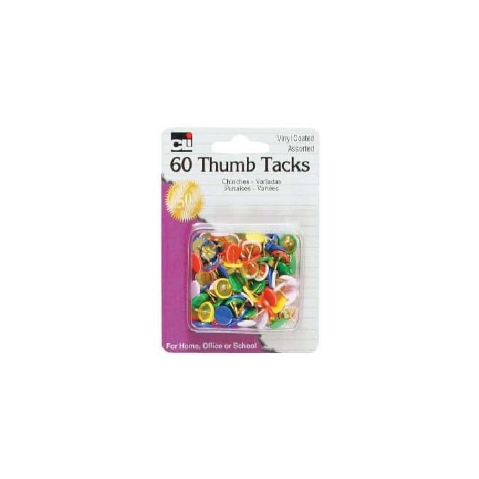 Assorted Vinyl Coated Thumb Tacks - 60 Pack